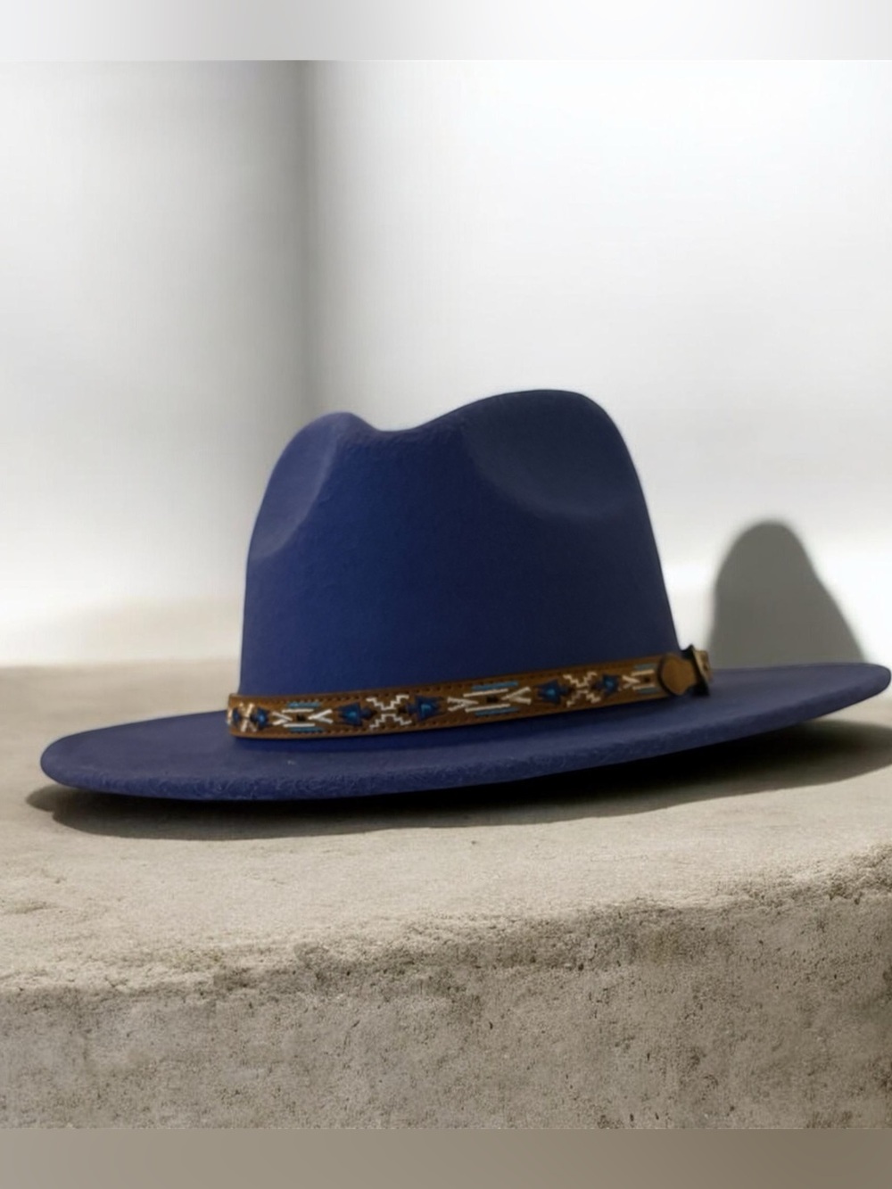 Wide-Brim Felt Fedora in Deep Blue with Beaded Band
Unisex